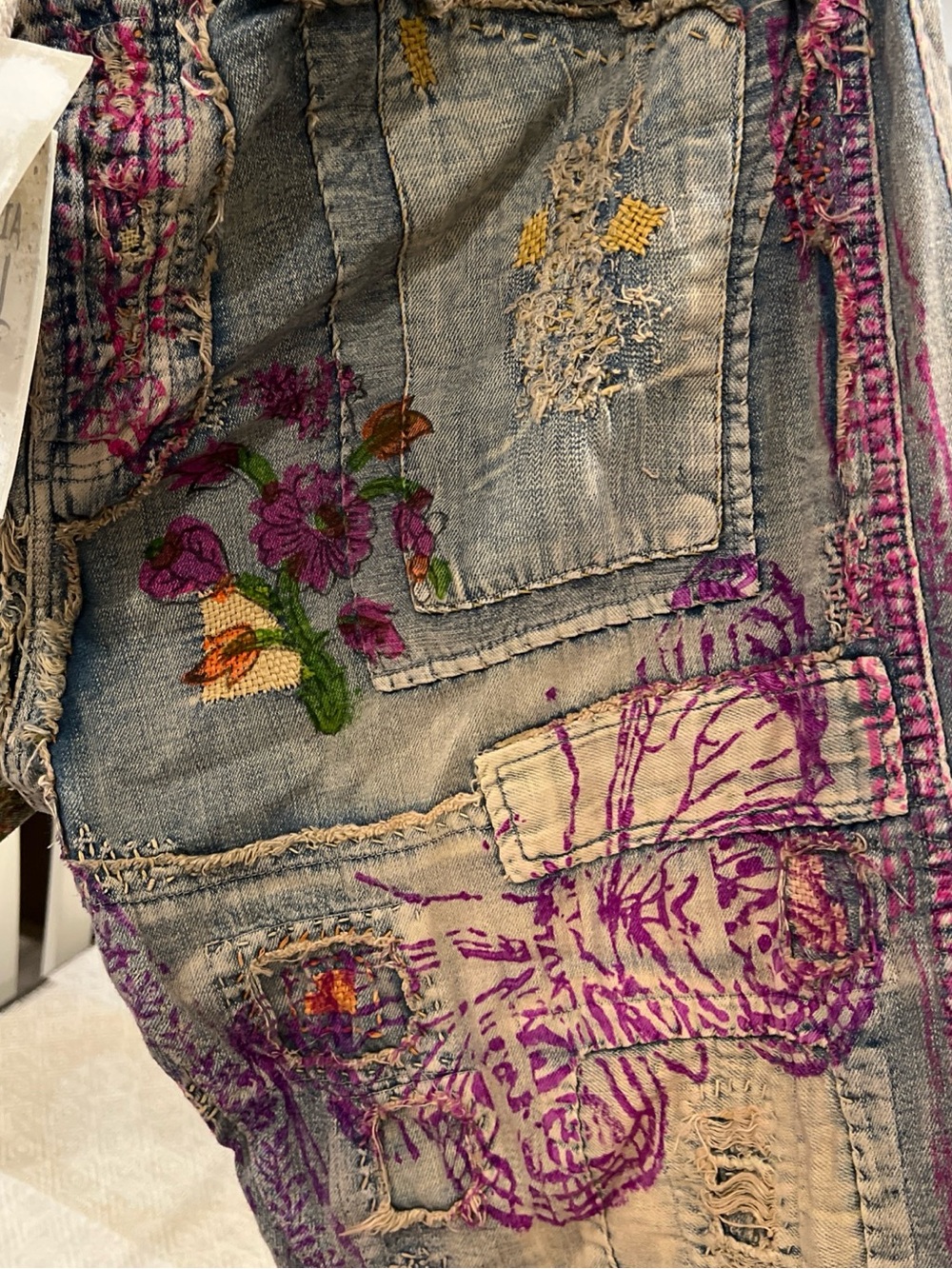 Magnolia Pearl Gray Denim Wide-Leg Jeans with Pink & Orange Embroidery - Picture 4 of 15